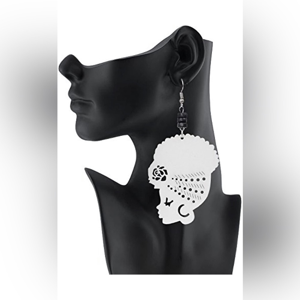 NEW - Wooden Flower Turban African Woman Head-Beaded Dangle Hook Earrings.